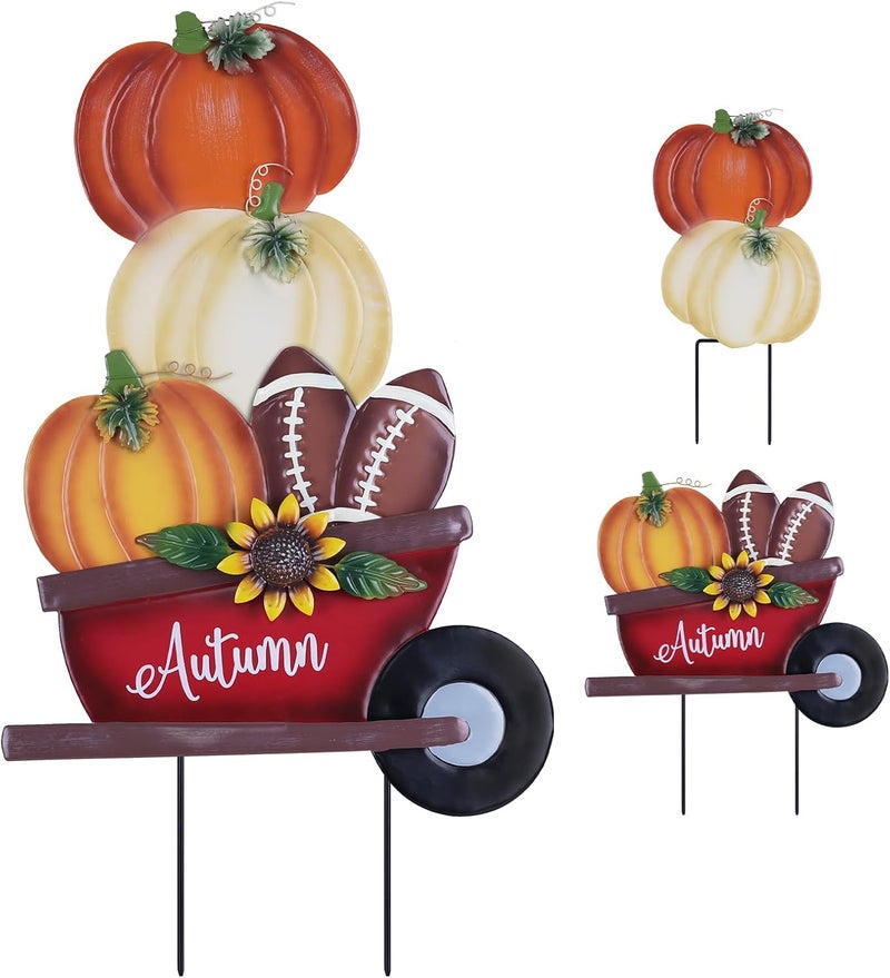 YEAHOME Fall Decorations Outdoor, Stacked Pumpkin Football Wheelbarrow Decorative Garden Stakes, Autumn Metal Cart Yard Signs for Home Outside Garden Lawn Porch Decor, Thanksgiving Decorations - Image 1